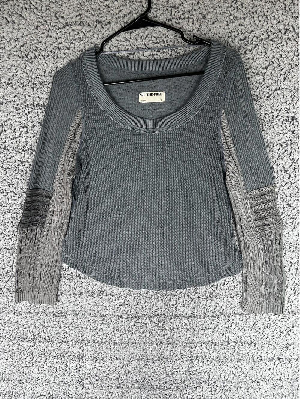 Free People We The Free Thermal Knit Top Womens S Blue Gray Mixed Sleeve